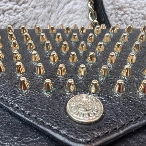 Rebecca Minkoff Crossbody Bag Studded Chain Black Leather Gold Biker Grunge Rock - Picture 6 of 16